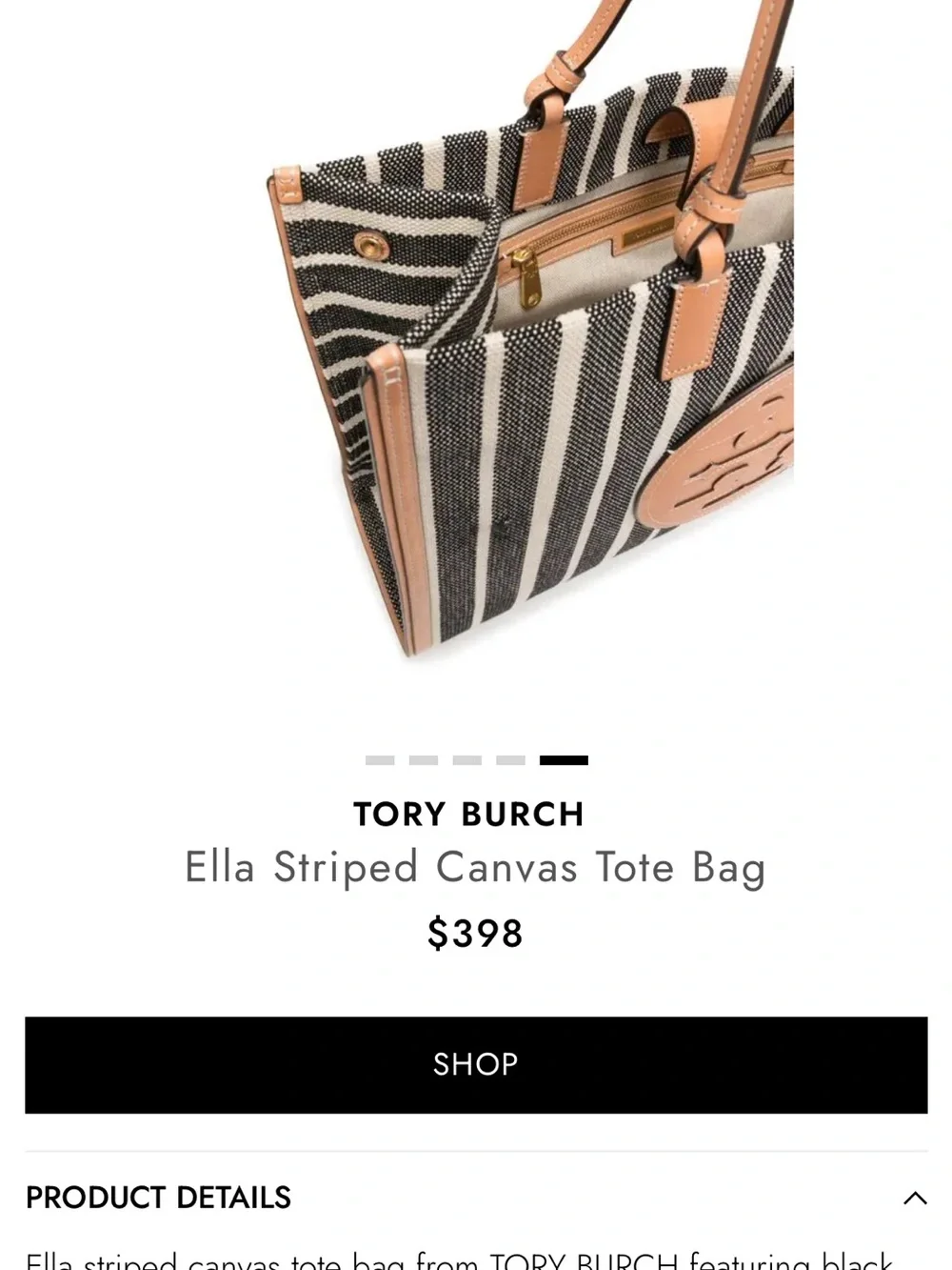 RARE…Tory Burch Black and Tan Striped Ella Canvas Tote with Logo Medallion